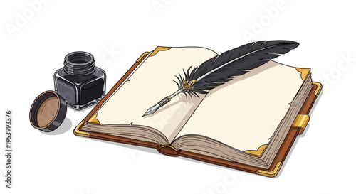 Vintage writing tools on old book with feather quill and ink