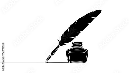 A quill pen silhouette illustration with an ink bottle on a white background