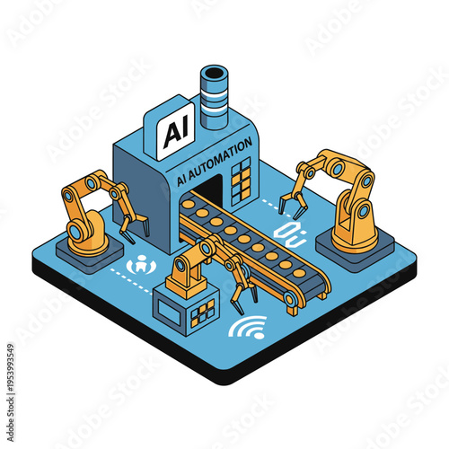 AI automation in factory production, showcasing robotic arms and conveyor belts for efficiency and innovation