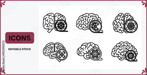 Brain icons with film reel  creative thinking and memory concept  editable stock graphics