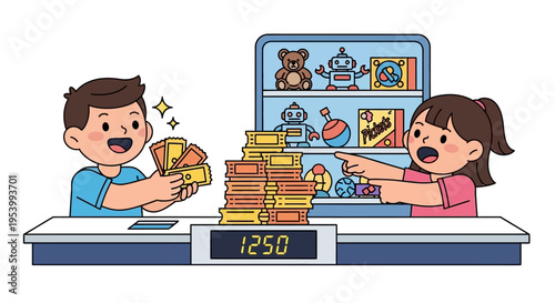 Children happily counting money and pointing at toys.