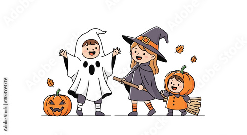Children in Halloween costumes celebrating trick or treat.