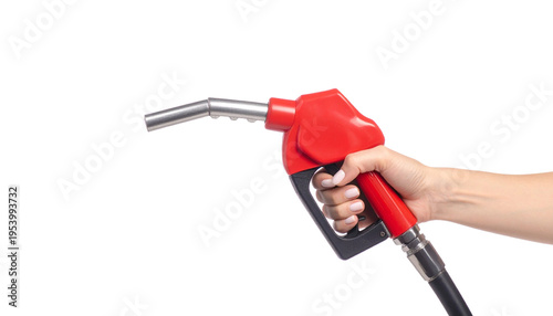 Close-up of a hand holding a red gas nozzle