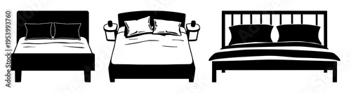 Bed set with pillows silhouette featuring dark outline, layered geometry, soft curves, warm shading and texture with minimalist and modern