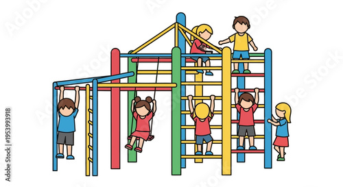 Children Playing on Colorful Outdoor Playground Equipment.