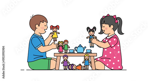 Children playing with dolls and tea set.