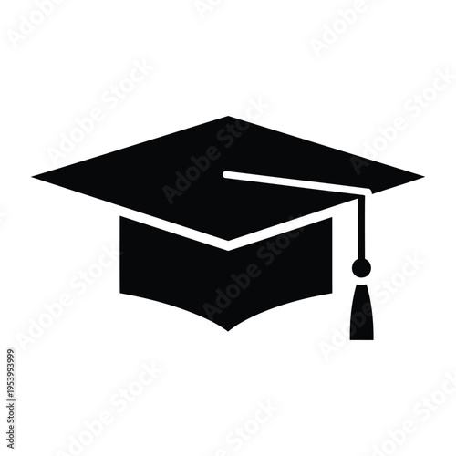 A black graduation cap with tassel on a white background.