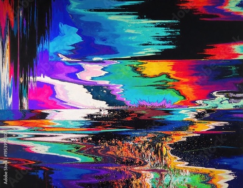 a painting of vivid, layered paint strokes in bright colors on a deep black background