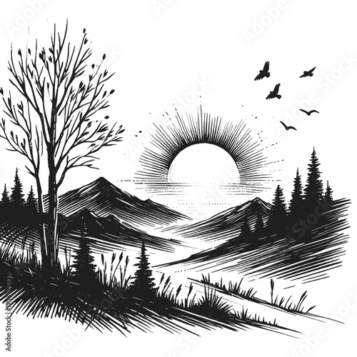 Line art drawing of sunrise nature landscape ink sketch vector hand drawn illustration, golden dawn: a new day begins, vector, svg