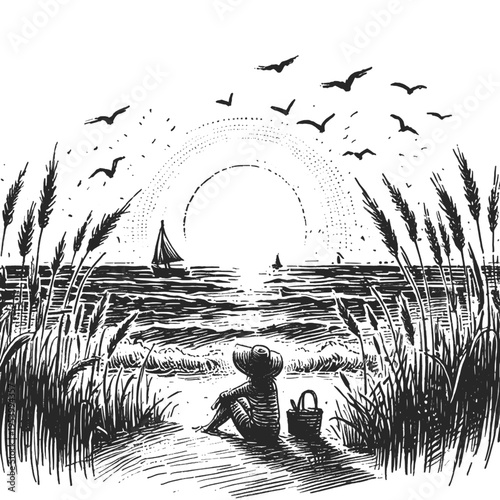 Line art drawing of summer season nature landscape ink sketch vector hand drawn illustration vector svg