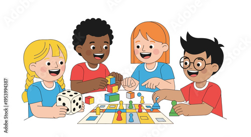 Diverse group of children playing board game together.