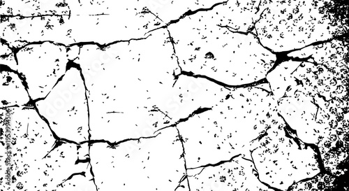 Cracked wall with grunge texture and black cracks on white background featuring damaged surface, grungy effect, worn