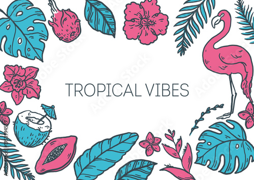 Hand drawn tropical doodle frame with  flamingo, palm leaves, flowers and exotic fruits. Whimsical vector Illustration.