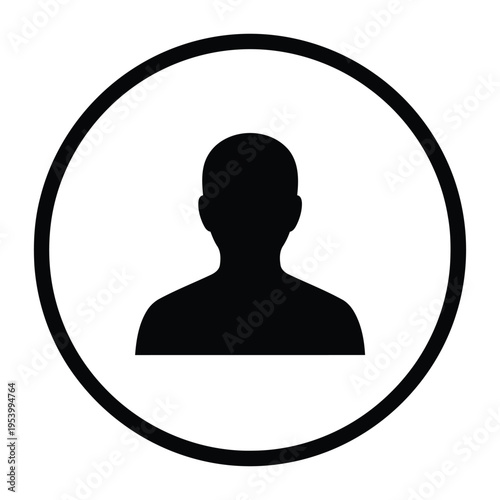 A black silhouette of a person's head and shoulders in a circle.