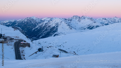 Pyrenees Mountains in Andorra Covered in Snow at Sunset