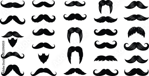 Mustache silhouette collection vector, vintage beard and mustache styles set, barber design elements, retro facial hair icons, black isolated illustration for grooming