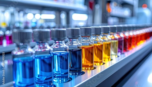 Row of colorful liquid samples in glass vials in scientific laboratory for healthcare research and medical development.