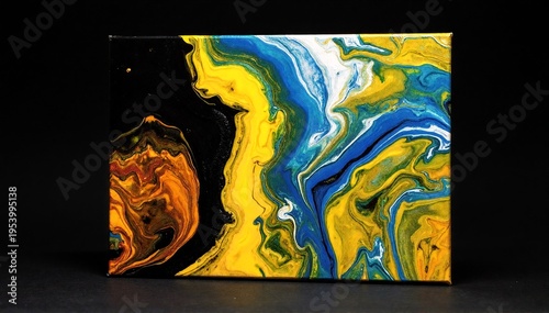 a textured canvas painting blending vivid yellow and deep blue hues in abstract, flowing shapes and layered brushstrokes