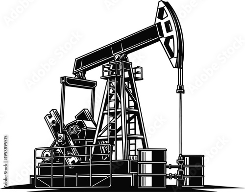 Oil pump jack vector illustration, petroleum drilling rig with barrels and extraction equipment silhouette for energy industry production and fossil fuel infrastructure design