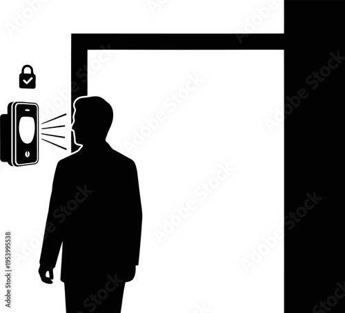 Silhouette of employee entering office using face recognition access system, security authentication concept.
