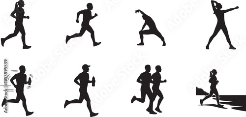 Collection of black silhouette illustrations of people running in various poses and movements