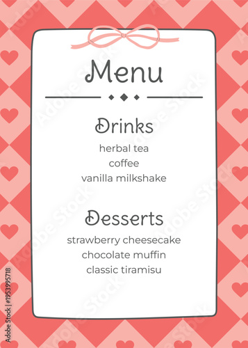 Menu template with bow on pink pattern background. Perfect for cafe flyer, restaurant brochure, delivery booklet.