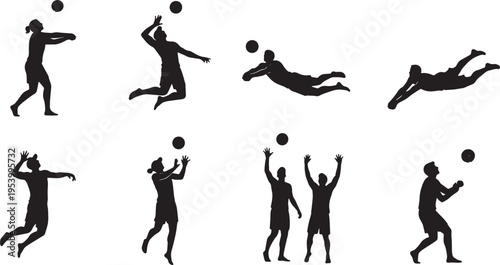 Collection of silhouettes of people playing volleyball in various poses