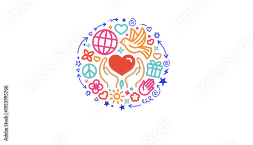 A charity vector illustration with colorful symbols and icons for non-profit organizations