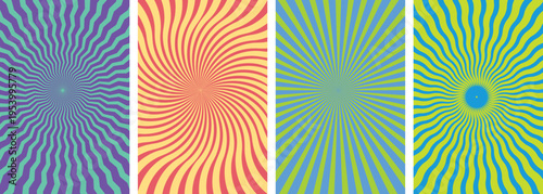 Set of 4 Colorful Psychedelic Sunburst and Swirl Radial Stripe Vector Backgrounds for Retro Design and Abstract Art