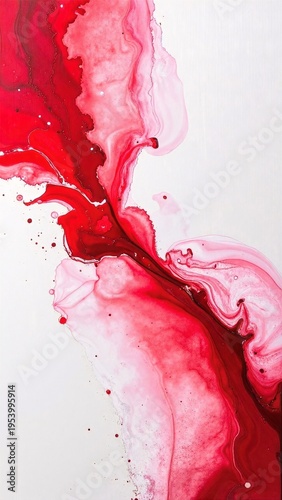 a textured abstract painting with bold red and white brushstrokes blending and overlapping across the canvas