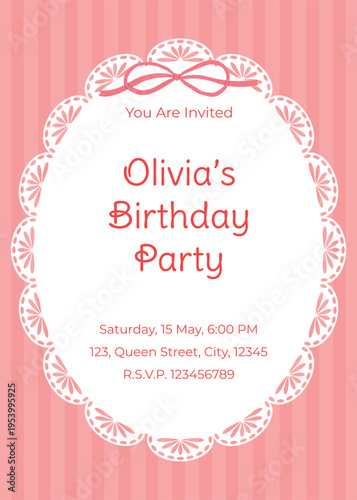 Birthday party invitation template. Lace frame with bow on pink striped pattern background.