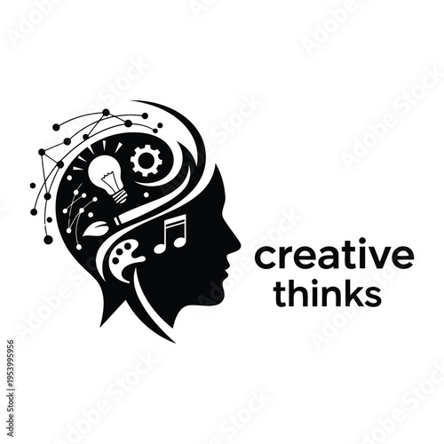 A black silhouette of a human head with creative symbols inside.