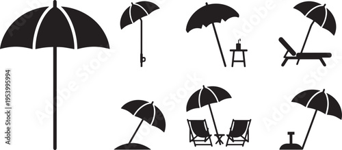 Collection of black silhouette beach umbrellas and deck chairs