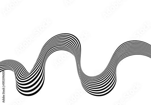 Elegant black and white linear wave smoothly winding horizontally creating a dynamic monochrome rhythm on white background