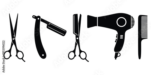 Barber tools silhouette set with scissors, razor, hair dryer, comb, professional hairstyling equipment, salon accessories, grooming illustration