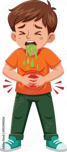Little Boy Feeling Sick and Vomiting, Child Suffering from Stomach Ache and Food Poisoning, Health Medical Symptom Vector Illustration Isolated