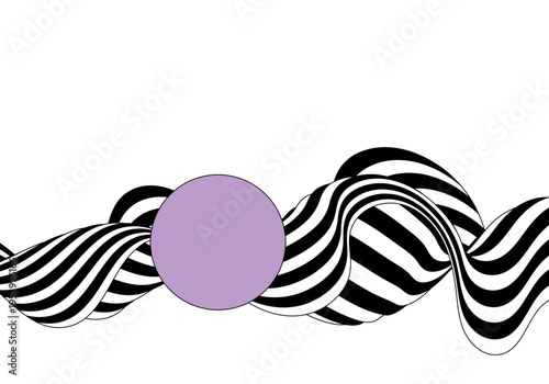 Abstract black and white wave of parallel lines and bright lavender circle for modern graphic design on white background. Eps 10