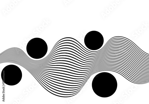 Modern abstract black and white wave of rhythmic parallel lines and large black round elements on a white background Eps 10