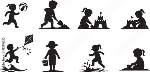Collection of black silhouette illustrations of children playing at the beach on a sunny day with various activities
