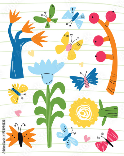 Butterflies and flowers. Colorful poster with insects and floral elements. Decorative sunflower, bells, berries, flying animals