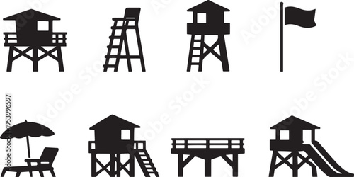 Collection of black silhouette icons featuring lifeguard towers and beach symbols