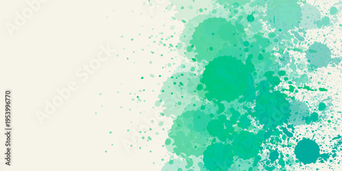 Abstract watercolor splash background with vibrant shades of green and teal, with scattered ink droplets