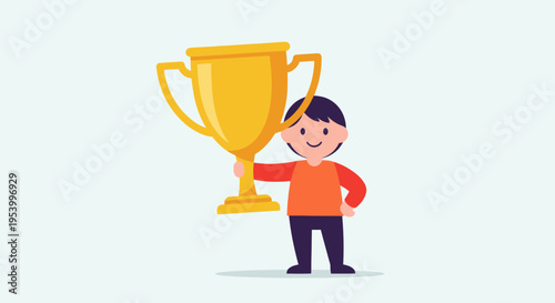 Boy Holding Big Golden Trophy Cup.