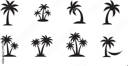 Collection of black silhouette palm tree icons on for design and decoration purposes