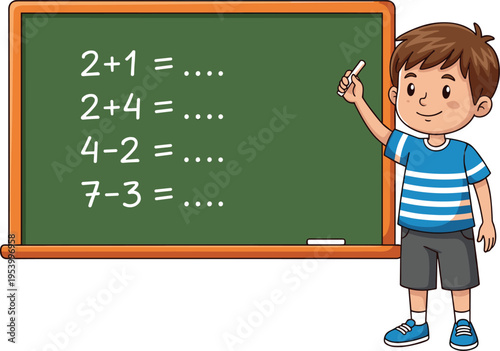 Cute cartoon boy standing by a chalkboard solving elementary math addition and subtraction problems for school education and early learning.