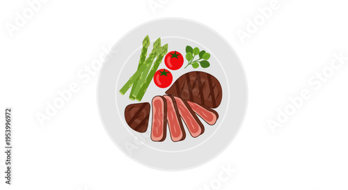 Grilled meat and vegetables on plate.