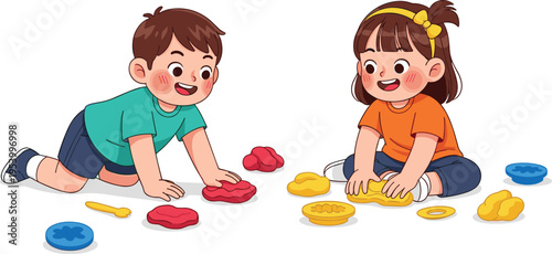 Two cute cartoon children playing together with colorful modeling clay on the floor for creative sensory play and preschool education.