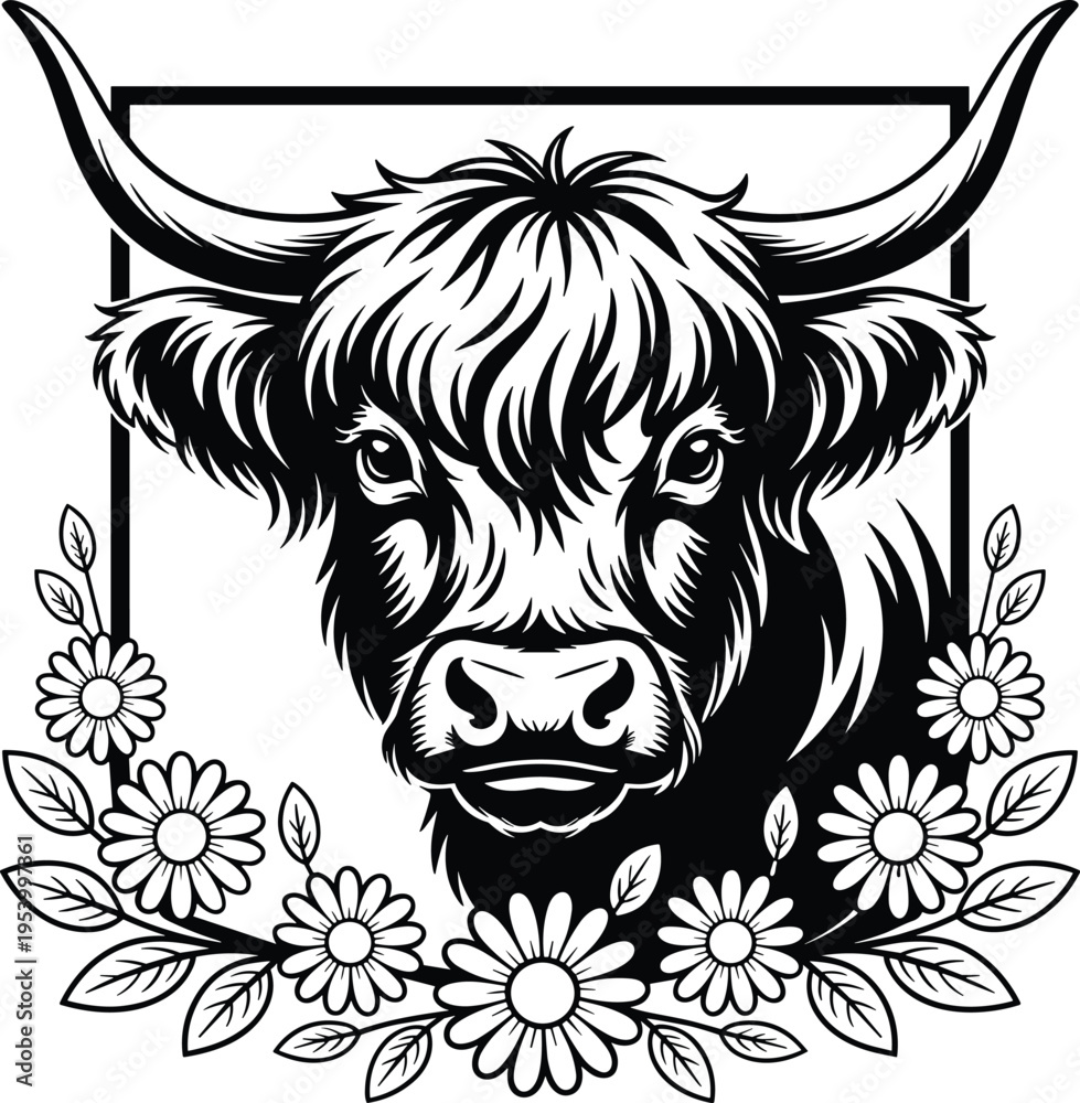 Obraz premium Highland Cow Illustration Bundle Cute Scottish Cow Vector Farm Animal Set