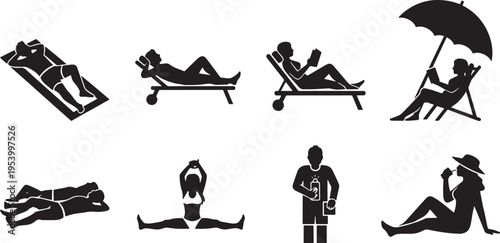 Collection of black silhouette icons depicting people relaxing and enjoying leisure time in various summer poses