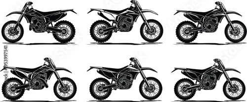 Dirt bike motocross silhouettes set, black and white illustration of off road motorcycles with detailed design for extreme sport action